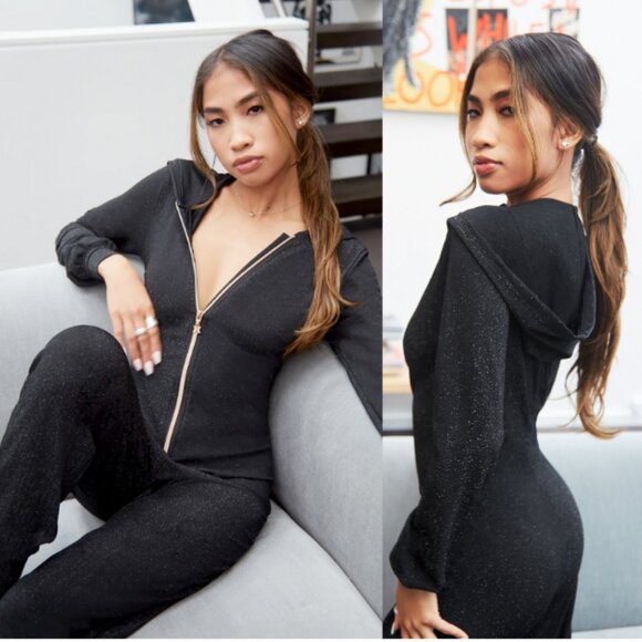 SAVAGE X FENTY Sleep & Shine Hooded Onesie Shimmery Black Caviar Size L - Picture 2 of 9